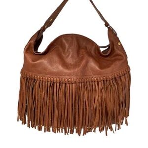 Chic Tan Leather Hobo Bag with Fringe